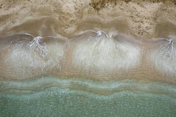 Golden Sand Art Print featuring the photograph Aerial view drone of empty tropical sandy beach with golden sand. Seascape background #1 by Michalakis Ppalis