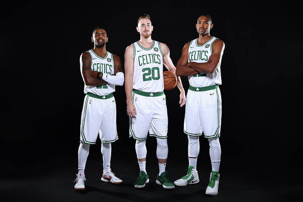Media Day Art Print featuring the photograph Al Horford, Kyrie Irving, and Gordon Hayward by Brian Babineau