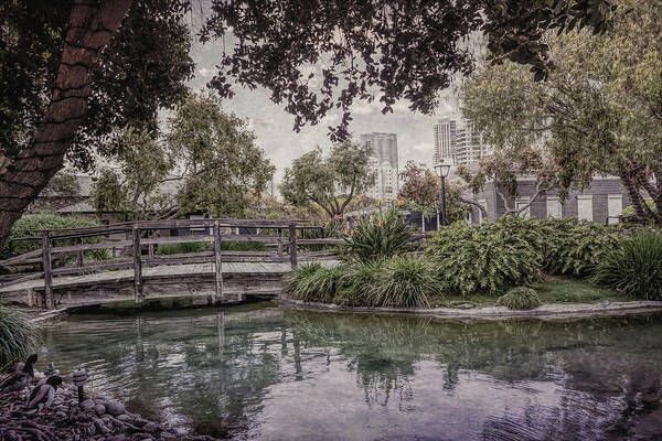 Footbridge Art Print featuring the photograph Bridge Over the Pond SS #1 by Alison Frank