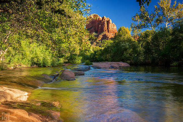 Stream Cathedral Rock Red Sedona Arizona Fstop101 Landscape Reflection Water Stream Tranquil Nature Calm Blue Sky Art Print featuring the photograph Castle Rock and Stream #1 by Geno