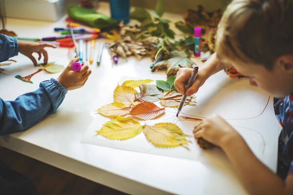 Art Art Print featuring the photograph Children doing autumn handcrafts #1 by Yulkapopkova