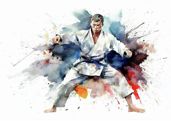 Karate Art Print featuring the digital art Colorful paint splashes during martial artist action. #1 by Odon Czintos