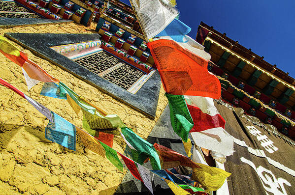 Outdoor Art Print featuring the photograph Colorful Tibetan prayer flags spreading good fortune #1 by Adelaide Lin