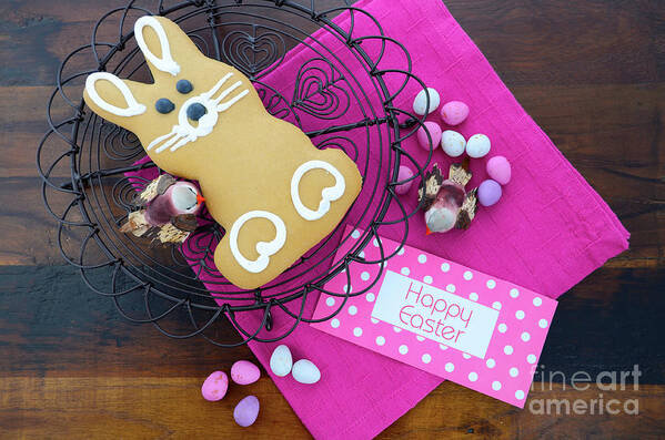 Background Art Print featuring the photograph Easter gingerbread bunny cookie. #1 by Milleflore Images