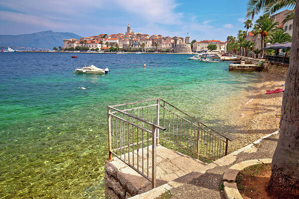 Korcula Art Print featuring the photograph Korcula. Historic town of Korcula island waterfront view #1 by Brch Photography