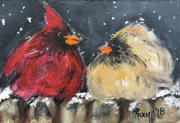 Cardinals Art Print featuring the painting Love at First Flight by Roxy Rich