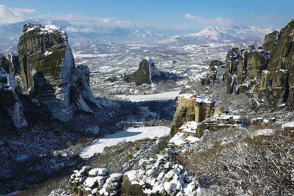 Meteora Art Print featuring the photograph Meteora in winter #1 by Sean Hannon