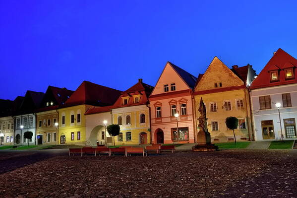 Town Art Print featuring the photograph Old town houses in Bardejov city, Slovakia #1 by Elenarts - Elena Duvernay photo