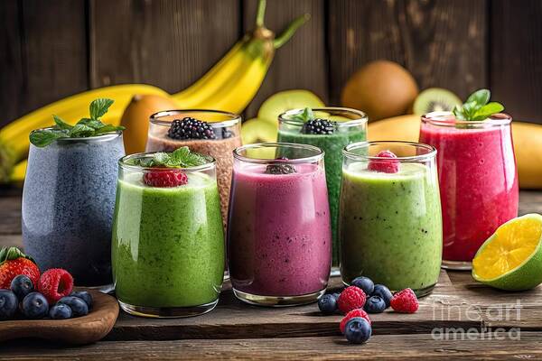 Smoothie Art Print featuring the painting premium Selection of colourful smoothies on rustic wood background #1 by N Akkash
