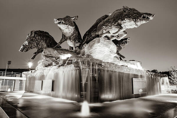 Fayetteville Campus Art Print featuring the photograph Fayetteville Arkansas Football Stadium Fountain - Sepia Edition by Gregory Ballos