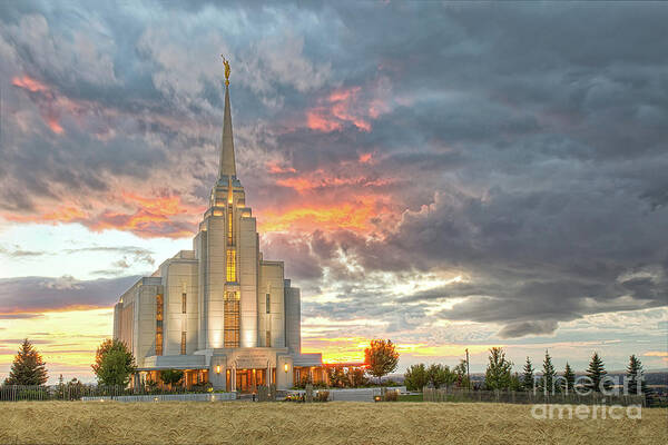 Cathedral Art Print featuring the photograph Rexburg Idaho Temple Harvest Sunset #1 by Bret Barton