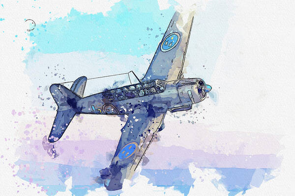 Plane Art Print featuring the painting Saab B A in watercolor ca by Ahmet Asar #1 by Celestial Images