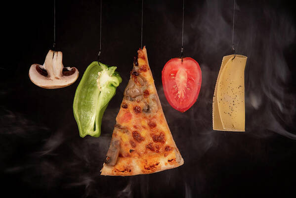 Pizza Art Print featuring the photograph Slice of mozzarella pizza tomato cheese peeper and mushroom ingredients by Michalakis Ppalis