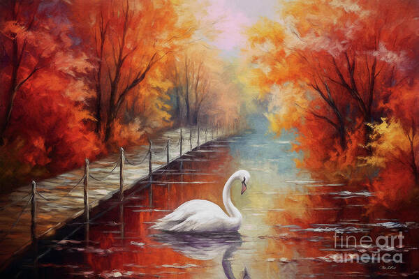 Autumn Landscape Art Print featuring the painting Swan In Autumn by Tina LeCour