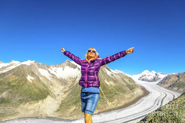 Glacier Art Print featuring the photograph Switzerland Glacier Woman Hiking #1 by Benny Marty