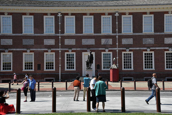 Independence Hall Art Print featuring the photograph Tourists Photographing Statue of George Washington #1 by Mark Stout