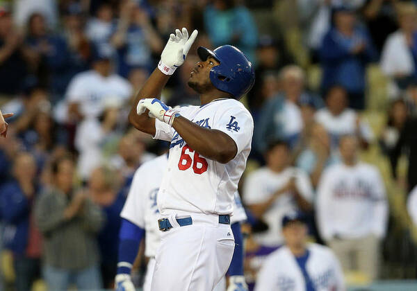 Second Inning Art Print featuring the photograph Yasiel Puig #1 by Stephen Dunn