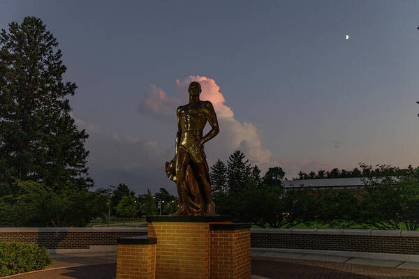 Spartan Staue Night Art Print featuring the photograph Spartan statue at night on the campus of Michigan State University in East Lansing Michigan #16 by Eldon McGraw
