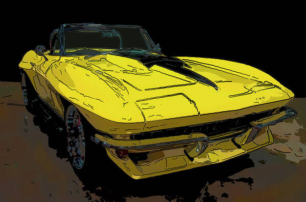 1967 Chevy Corvette Convertible Yellow Art Print featuring the drawing 1967 Chevy Corvette convertible yellow digital drawing by Flees Photos