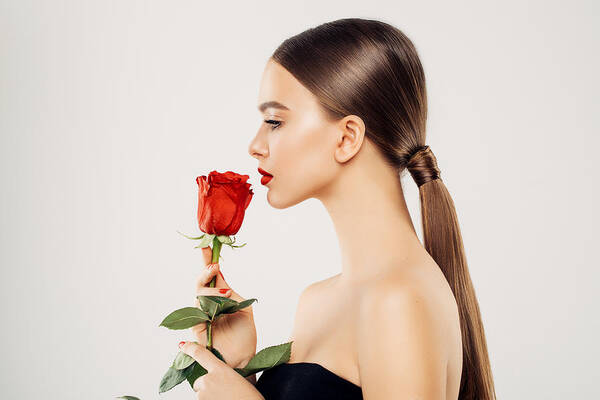 Fashion Model Art Print featuring the photograph Beautiful girl with red rose #2 by CoffeeAndMilk
