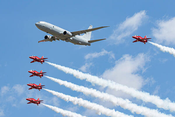 P 8 Poseidon Art Print featuring the photograph Red Arrows and P8 Poseidon #2 by Airpower Art