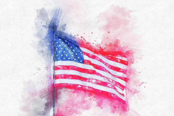 Watercolor Art Print featuring the digital art Watercolor painting illustration of American flag isolated over a white background by Maria Kray