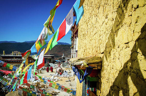 Outdoor Art Print featuring the photograph Colorful Tibetan prayer flags spreading good fortune #3 by Adelaide Lin