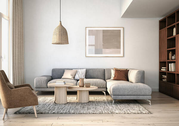 Rug Art Print featuring the photograph Modern scandinavian living room interior - 3d render by CreativaStudio