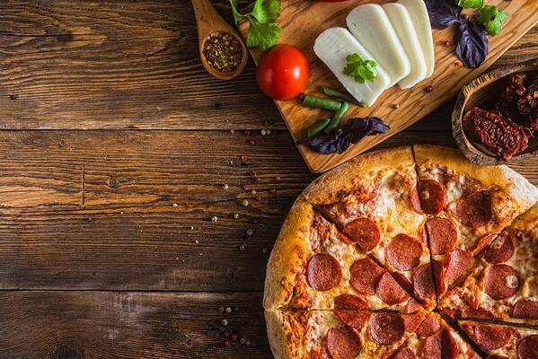 Vegetarian Pizza Art Print featuring the photograph Pizza with cheese, pepperoni, chicken and pepper, a slice for a gourmet dinner #5 by Katerinasergeevna