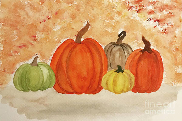 Pumpkins Art Print featuring the painting 5 Pumpkins by Lisa Neuman