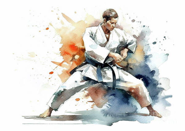 Karate Art Print featuring the digital art Colorful paint splashes during martial artist action. #6 by Odon Czintos