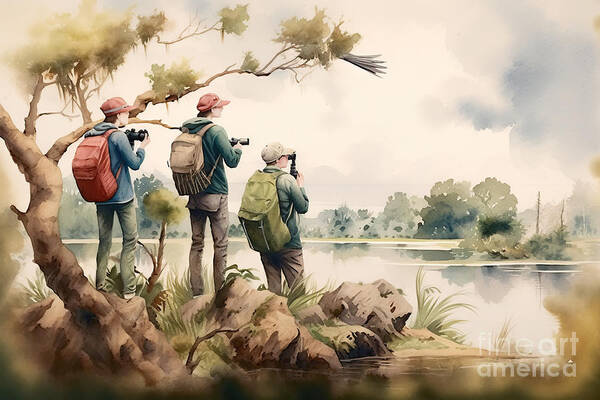 Birding Art Print featuring the painting A bird watching trip in a nature reserve, watercolor style, by N Akkash