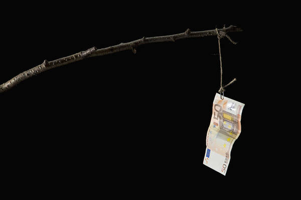 Fifty Euro Banknote Art Print featuring the photograph A fifty Euro banknote dangling from a crude fishing rod by Caspar Benson