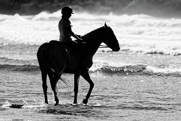A Girl And Her Horse Art Print featuring the photograph A Girl and Her Horse -- Girl Riding a Lusitano Horse on the Beach in Morro Bay, California by Darin Volpe
