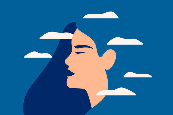 People Art Print featuring the drawing A sad young woman has a clouded mind on blue background. by Ponomariova_Maria