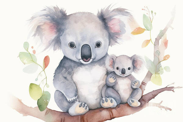 Animal Art Print featuring the painting Adorable Innocence Australia Koala Mother And Baby Hanging On Tr by N Akkash