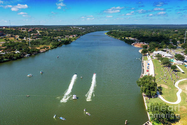Marble Falls Powerboat Races Art Print featuring the photograph Aerial view as Drag boats race across the starting line on Lake Marble Falls during the drag boat races at Lakefest in Marble Falls by Dan Herron