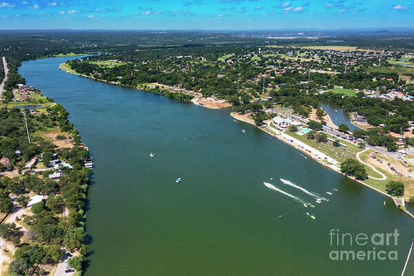 Marble Falls Powerboat Races Art Print featuring the photograph Aerial view as Drag boats race upto 200 miles per hour during the Marble Falls Lakefest in Marble Falls by Dan Herron