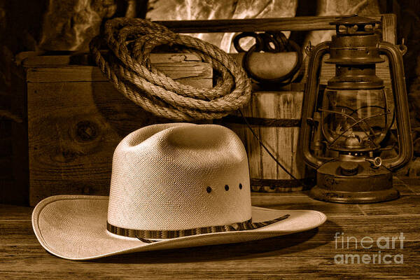 Cowboy Art Print featuring the photograph American West Rodeo Cowboy Hat - Sepia by Olivier Le Queinec