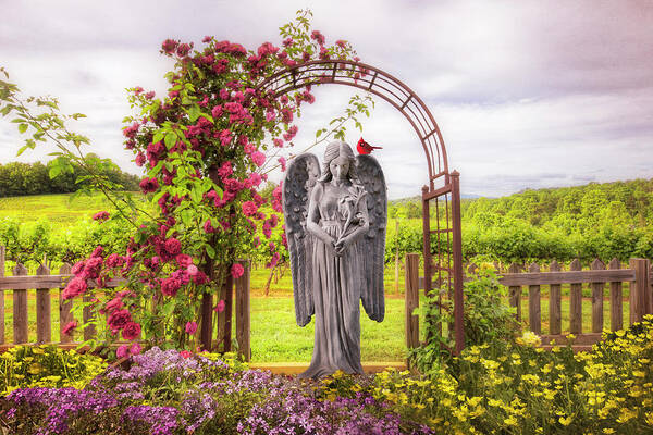 Bird Art Print featuring the photograph Angel and Cardinal in the Garden by Debra and Dave Vanderlaan