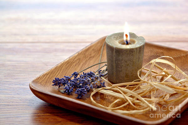 Aromatherapy Art Print featuring the photograph Aromatherapy Candle in a Wood Plate in a Spa by Olivier Le Queinec