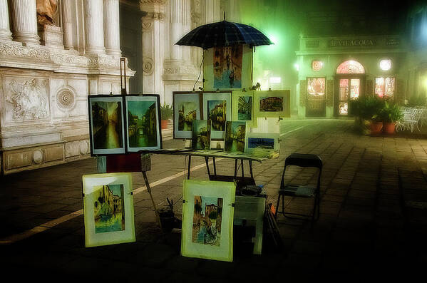 Venice Art Print featuring the photograph Art stand in Venice by night by Wolfgang Stocker