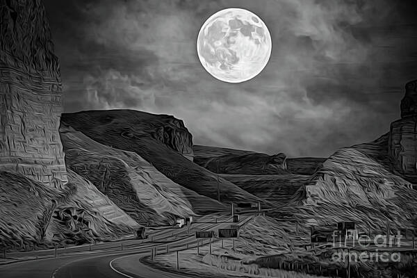 Black White Art Print featuring the photograph Artistic Moon Over Hwy 80 Wyoming BW by Chuck Kuhn