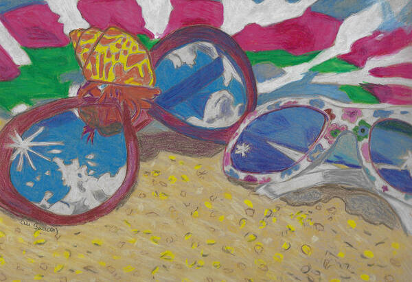 Beach Art Print featuring the drawing At the Beach Sunglasses Lying on the Sand with a Hermit Crab and Beach Towel by Ali Baucom