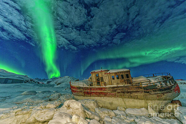 00648338 Art Print featuring the photograph Aurora Borealis and Boat by Shane P White