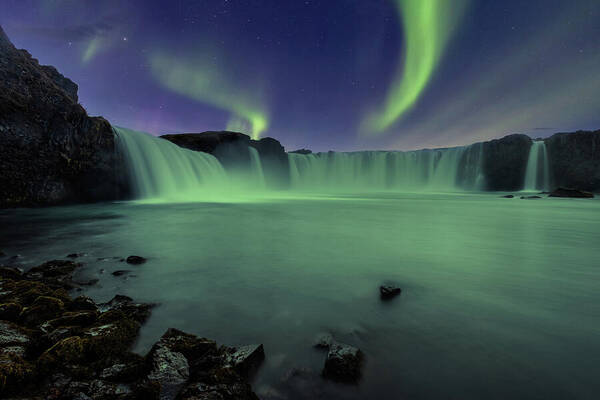 Godafoss Art Print featuring the photograph Aurora Borealis over Godafoss by Alexios Ntounas