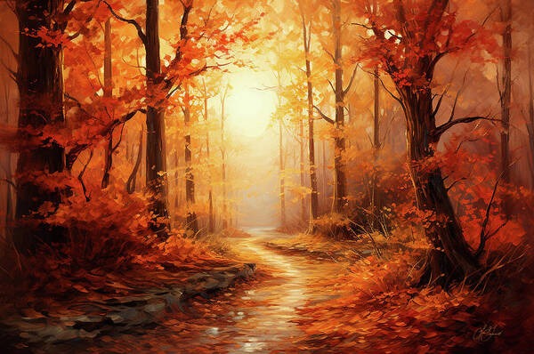 Fall Art Print featuring the digital art Autumn's Path by Lori Grimmett