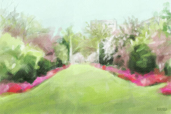 Brooklyn Botanic Garden Art Print featuring the painting Azaleas and Cherry Blossoms Brooklyn Botanic Garden by Beverly Brown