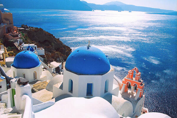 Greece Art Print featuring the photograph Blue Domes / Santorini by Claude Taylor