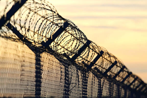 Security Art Print featuring the photograph Barbed Wire Steel Wall Against The Immigrations In Europe by Kodda